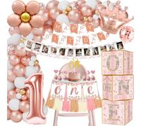 Decoration Anniversaire 1 An Fille Garcon, Ballon Anniversaire 1 An avec Banderole Happy Birthday, Guirlande Photo Bébé, Ballon Chiffre 1, Decoration Gateau, Boîte à Ballo pour Décoration 1 An