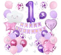 Décoration Anniversaire 1 Ans Fille Rose Violet -Kit avec Ballon Chiffre 1, Ballons Nuage, Étoile et Cœur en Aluminium, Autocollants Papillons, Bannière Happy Birthday Décoration Fête
