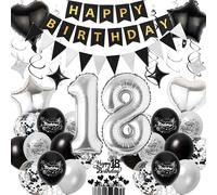 Decoration Anniversaire 18 ans Ballons Garçon - Noir Argenté Décoration Banderole Happy Birthday Nombre Ballon, Tourbillons Guirlande Joyeux Anniversaire pour une 18e Fête Déco