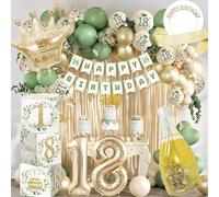 Decoration Anniversaire 18 Ans Fille - Vert et Or, Ballon 18 Ans avec Couronne, Écharpe, Rideau Lametta, Bannière Happy 18th Birthday - Accessoires de Fête pour Fille de 18 Ans, Kit Complet