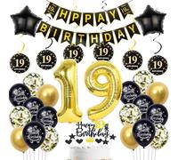 Décoration Anniversaire 19 Ans Garçon Fille - Ballons Noir et Or, Décoration Gâteau, Happy Birthday Banner