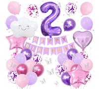 Décoration Anniversaire 2 Ans Fille Rose Violet -Kit avec Ballon Chiffre 2, Ballons Nuage, Étoile et Cœur en Aluminium, Autocollants Papillons, Bannière Happy Birthday Décoration Fête