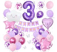 Décoration Anniversaire 3 Ans Fille Rose Violet -Kit avec Ballon Chiffre 3, Ballons Nuage, Étoile et Cœur en Aluminium, Autocollants Papillons, Bannière Happy Birthday Décoration Fête