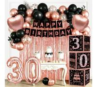 Decoration Anniversaire 30 Ans Femme Or Rose Noir - Kit Complet avec Boîtes à Ballons, Ballon Chiffre 30, Bannière Happy Birthday, Cake Topper, Ballons Latex Confettis pour Fête Anniversaire 30 Ans