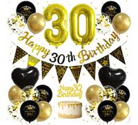 Décoration Anniversaire 30 Ans Noir et Or Femme Homme - Kit Décoration avec Ballon Chiffre 30 de 32 Pouces, Bannière Joyeux Anniversaire, Ballons Cœur et Confettis, Guirlande Fanions Décoration Gâteau