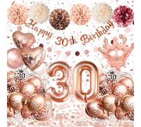 Decoration Anniversaire 30 Ans Or Rose, Ballon 30 Ans Anniversaire Femme | Ballons en Aluminium Cœurs et Couronnes, Bannière Happy 30th Birthday,Pompons, Deco Anniversaire 30 Ans pour Femme