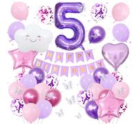 Décoration Anniversaire 5 Ans Fille Rose Violet -Kit avec Ballon Chiffre 5, Ballons Nuage, Étoile et Cœur en Aluminium, Autocollants Papillons, Bannière Happy Birthday Décoration Fête