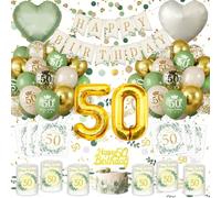 Decoration Anniversaire 50 ans, Décoration 50 ans Anniversaire Femme Homme, Kit Vert Sauge et Or avec Lanterne en Papier, Serviettes, Décoration de Gâteau, Ballons et Décoration de Table