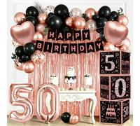 Decoration Anniversaire 50 Ans Femme Or Rose Noir - Kit Complet avec Boîtes à Ballons, Ballon Chiffre 50, Bannière Happy Birthday, Cake Topper, Ballons Latex Confettis pour Fête Anniversaire 50 Ans