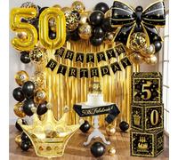 Décoration Anniversaire 50 Ans Homme Femme, kit Décoration Anniversaire Noir et or Avec Bannière, Ballon Aluminium Couronne /Echarpe, Rideaux à Franges Scintillantes, Accessoires de Fête Pour 50 Ans