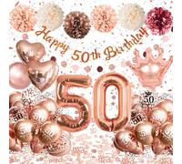 Decoration Anniversaire 50 Ans Or Rose, Ballon 50 Ans Anniversaire Femme | Ballons en Aluminium Cœurs et Couronnes, Bannière Happy 50th Birthday,Pompons,Deco Anniversaire 50 Ans pour Femme