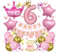 Décoration Anniversaire 6 Ans Fille, Kit Ballons Princesse Rose avec Grand Ballon Chiffre 6, Ballon Couronne, Ballons Étoile et Cœur, Confettis, Bannière Joyeux Anniversaire et Décor Gâteau pour Fête