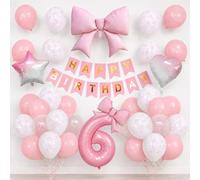 Décoration Anniversaire 6 Ans Fille Nœuds Roses-Kit Ballons Chiffre 6 | avec Grand Ballon Chiffre 6, Grands Nœuds, Ballons Étoile Cœur Rose Blanc, Ballons Latex Motif Nœud, Bannière Anniversaire