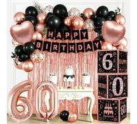 Decoration Anniversaire 60 Ans Femme Or Rose Noir - Kit Complet avec Boîtes à Ballons, Ballon Chiffre 60, Bannière Happy Birthday, Cake Topper, Ballons Latex Confettis pour Fête Anniversaire 60 Ans