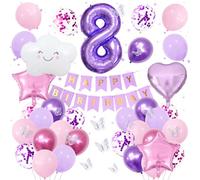 Décoration Anniversaire 8 Ans Fille Rose Violet -Kit avec Ballon Chiffre 8, Ballons Nuage, Étoile et Cœur en Aluminium, Autocollants Papillons, Bannière Happy Birthday Décoration Fête