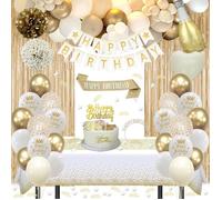 Decoration Anniversaire, Anniversaire Décorations Beige Blanc Or Ballons Kit Banderole Joyeux Anniversaire Pom Poms Confetti