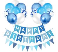 Décoration Anniversaire avec Ballons Métalliques et Banderole Happy Birthday - 16 Pièces 12 Pouces - Thème Bleu et Blanc