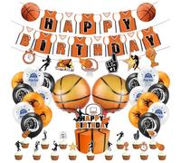 Décoration Anniversaire Basketball Enfant 39 pièces : kit Ballon Latex Orange Noir Blanc, Cake Topper, guirlandes fanions, Ballons Aluminium pour fête garçon Fan de Basket