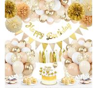 Décoration Anniversaire Beige Decoration, Ballon Happy Birthday Decoration,Beige Ballons Kit Banderole Joyeux Anniversaire Pom Poms Confetti Cake Topper Pour Decoration Anniversaire