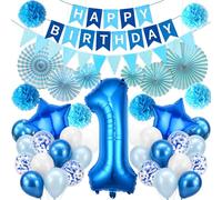 Décoration Anniversaire Bleu, Ballon 1e Anniversaire, Ensemble de Décoration de Fête Bleu, Happy Birthday Bannière, Guirlandes, Papier Pom Poms, Éventails en Papier, pour Fête Homme et Femme