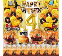 Decoration Anniversaire Chantier 4 Ans,Ballon Chantier Anniversaire Enfant,Construction Thème Fête Décoration,Excavatrice Vaisselle Kit Garçons Filles avec Nappe Assiette Déco Gâteaux