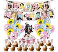 Decoration Anniversaire Fête Ballon Kit SPY X Family FONGWAN Article de fête avec Bannière, Cupcake Toppers - Rose A