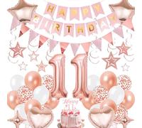 Decoration Anniversaire Fille Ballons 11 ans - Or Rose Décoration Banderole Happy Birthday Nombre Ballon, Tourbillons Guirlande Joyeux Anniversaire pour une 11e Fête Déco
