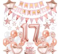 Decoration Anniversaire Fille Ballons 17 ans - Or Rose Décoration Banderole Happy Birthday Nombre Ballon, Tourbillons Guirlande Joyeux Anniversaire pour une 17e Fête Déco