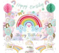 Decoration Anniversaire Fille, Comprend Bannière/Ballons/Toile de Fond Joyeux Anniversaire, Ballons Nid D'abeille, Guirlande Ronde