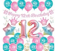 Decoration Anniversaire Filles 12 Ans - Ballon Rose Couronne Happy Birthday Banderole Deco de Fête, Ballons Aluminium en d'étoile Colorés Décors 3D de Papillons Découpés pour 12e anniversaire