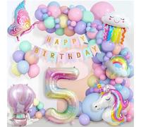 Décoration anniversaire licorne pour fille de 5 ans, ballons et bannière Happy Birthday, ballon en aluminium papillon