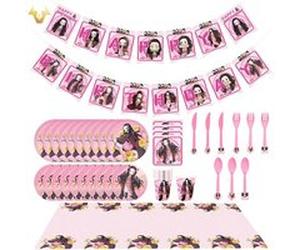 Decoration Anniversaire Nezuko Demon Slayer FONGWAN Bannière Vaisselle de Fête Gobelet, Assiette, Serviette en Papier pour Manga Fan - rose Rose G