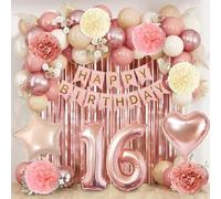 Decoration Anniversaire Or Rose Fille Femme, 16 Ans Ballons Anniversaire Helium Ballon Rose, Banderole Joyeux Anniversaire, Rideau Métallique à Franges Rose, Pompons Papier, Ballon en Aluminium Coeur