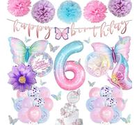 Decoration Anniversaire Papillon avec Ballons Rose et Violet Fille 6 ans | Le kit contient 57 accessoires : ballons, banderole, rubans, pompons en papier, décorations pour gâteau, décorations papillon