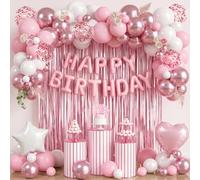 Decoration Anniversaire Rose Et Blanc Pour Fille Femme, Ballons Blanc Rose Coeur Avec Ballon Confettis Metallique Aluminium Rideau, Ballons Happy Birthday Pour 18th 21st 30th Deco Anniversaire