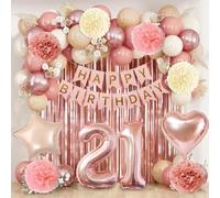 Decoration Anniversaire Rose Gold Femme 21 Ans | Arche Ballon Rose Beige Helium, Banderole Joyeux Anniversaire, Rideau Métallique à Franges, Pompons Papier, Ballon Coeur Aluminium