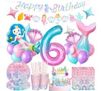 Decoration Anniversaire Sirene 6 Ans, Kit Vaisselle Anniversaire Fille avec Ballons Sirene, Bougie 6 Ans, Bannière, Deco Gâteau, Serviette, Assiette, Tasse, Paille en Papier (16 Invités)