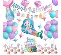 Decoration Anniversaire Sirène, SirèneThème Fête d'Anniversaire Accessoires Avec Happy Birthday Banner Set, Gâteaux Toppers et Ballons pour Ballons d'Anniversaire