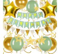 Decoration Anniversaire Vert et Or, Bannière de Joyeux Anniversaire et Ballons étoilés Dorés, étoiles Pailletées Suspendues Avec Tourbillons Suspendus, Bannière de Banderole D'anniversaire