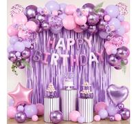 Decoration Anniversaire Violet Rose Pour Fille Femme Coeur Étoile Avec Ballon Confettis Metallique Aluminium Rideau,K-Pop Ballons Happy Birthday Pour 18th 21st 30th Demon Hunter Deco Anniversaire