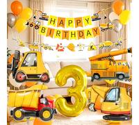 décoration chantier anniversaire trois ans garçon ensemble ballon | décoration chantier anniversaire trois ans garçon ensemble ballon excavatrice bannière joyeux anniversaire