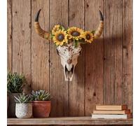 Décoration Crâne Hwc-Q10, Trophée Tête De Taureau À Longues Cornes En Polyrésine Avec Décoration Tournesol, Intérieur/Extérieur 42 Cm Gris