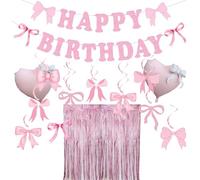 Décoration d’anniversaire rose pailletée, 15 pièces décoration d’anniversaire pour fête de filles,rideau de lametta rose pailleté + bannière « Joyeux Anniversaire » avec nœuds roses,ballons pour fête