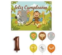 Décoration d'anniversaire 1 an animaux de la jungle - Set complet avec bannière pour enfant 110 x 80 cm, 30 ballons animaux, ballon numéro 1 marron et ruban - Première fête d'anniversaire