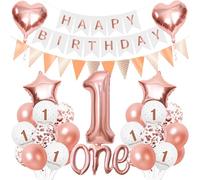 Décoration d'anniversaire 1 an Or Rose, Anniversaire Fille Ballon 1er avec Guirlande Happy Birthday, Ballon Confetti Or Rose pour Fête 1er Anniversaire Fille