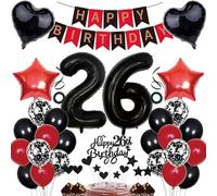 Décoration d'anniversaire 26 ans pour homme et femme - Décoration de gâteau, guirlande noire et rouge, kit de décoration de fête avec ballons, confettis, ballons numéro 26