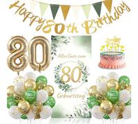 Décoration d'anniversaire 80 ans - Vert sauge - Ballon pour homme et femme - Ballon vert blanc doré avec bannière Happy Birthday - Bannière de porte avec motif eucalyptus (90 x 185 cm)