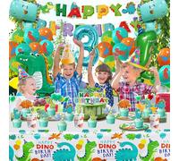 Décoration d'anniversaire - Ballons Dino 104 pièces - Articles de fête Dinosaure - Anniversaire garçon et fille - Thème jungle - Set de service avec assiettes en carton - 3 ans