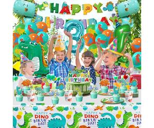 Décoration d'anniversaire - Ballons Dino 104 pièces - Articles de fête Dinosaure - Anniversaire garçon et fille - Thème jungle - Set de service avec assiettes en carton - 3 ans