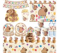 Décoration d'anniversaire Capybara, carte d'invitation d'anniversaire, tasse, nappe, assiette, serviette, affiche, réception-cadeau pour bébé, cadeaux d'anniversaire pour fille age 6-7pcs